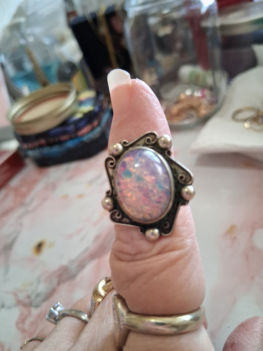Pink Opal Oval Statement Ring - Classic Silver Frame